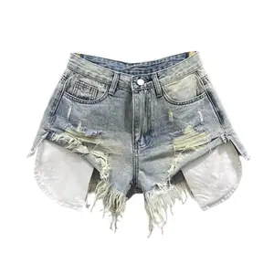 Korean Vintage Blue Sexy Ripped Jeans for Women Patchwork A-line High-waisted Denim Ultra Shorts Womenswear Bottom Basic Fitted