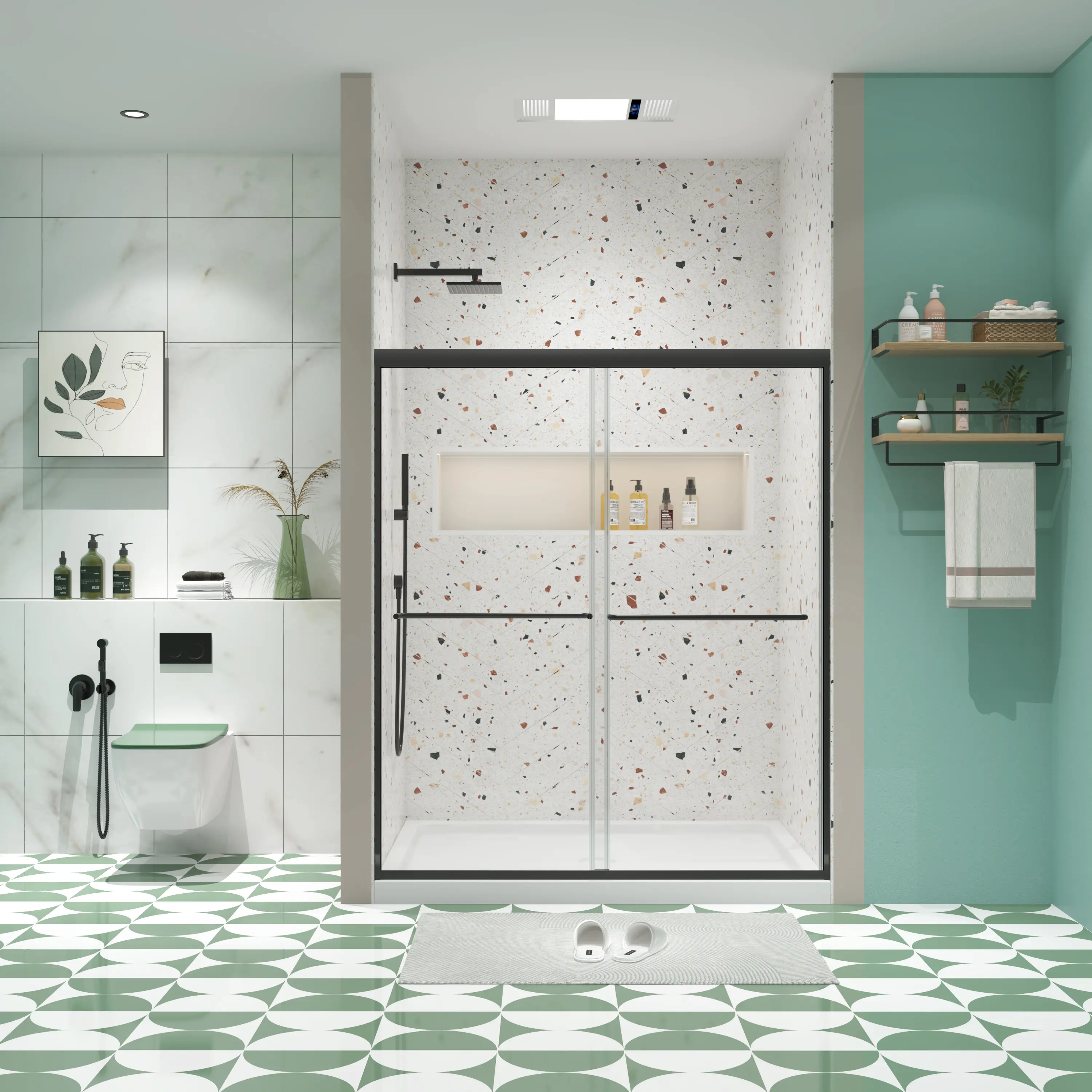 Matted Black Bypass Sliding Bathroom Door, 44-48"w x 70"h, 1/4" Tempered Glass with Collision & Explosion Protection Film, High Quality Handle, Good Leakage-Proof Frame, Easy-Install Door Fixture for Home Improvement Bathroom Shower Use, Doors