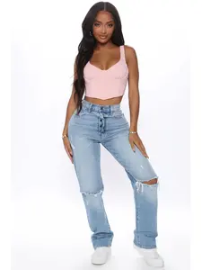 As You Please Ripped Straight Leg Jeans Light Blue Wash 12 High Rise 5 Pocket Distressed Non Stretch 31 Regular Inseam