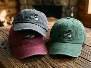 Washed Cotton Cap with Embroidered Loon Bird – Vintage Style Headwear