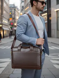 Men's Business Solid Color Leather Briefcase, Large Capacity Travel Shoulder Crossbody Bag, Casual Trendy Versatile High-quality Daily Commuting Bag