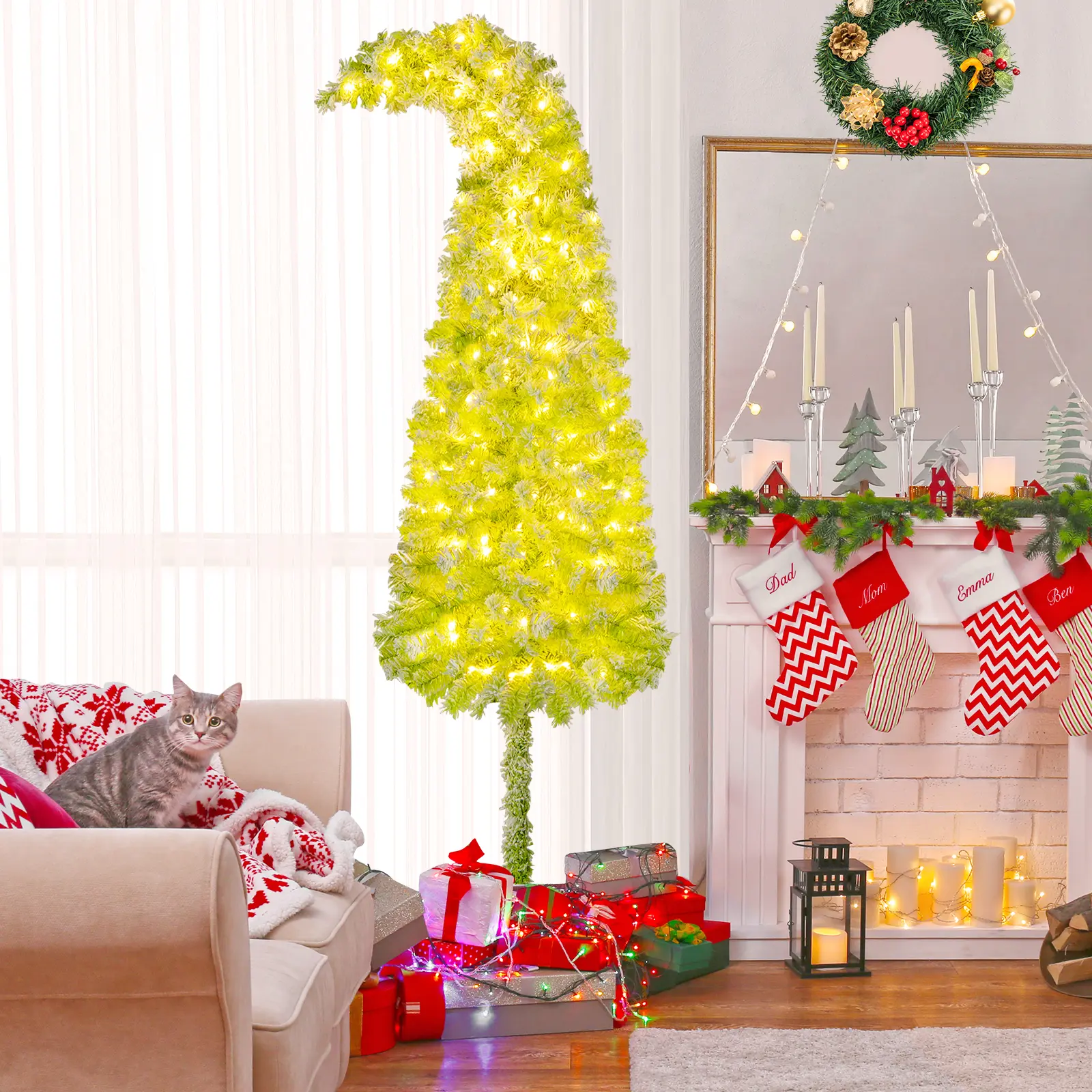 COSTWAY 5/6/7FT Pre-lit Christmas Tree with Bendable Top, Snow-Flocked Artificial Pencil Xmas Tree with 80 Warm White LED Lights, 8 Modes, for Home Party Holiday