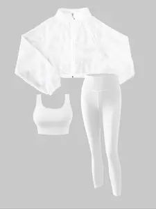 Three-piece Set Women's Solid Crop Sports Top & Leggings & Zipper Outerwear, Sporty Breathable Comfy Outfits for Yoga Gym Workout Training Running, Ladies Sportswear for All Seasons, Athletic Style Activewear, Yoga Tracksuit Set, Gym Sets, Yoga Clothing