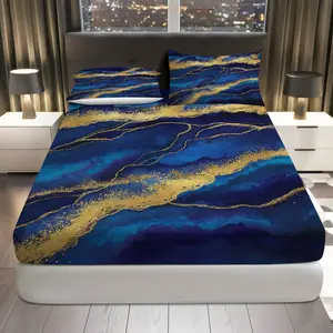 3Pcs Galaxy Gold Marble Fitted Sheet Three Piece Set (1*Fitted Sheet+2*Pillowcases, Coreless), Luxury theme, Abstract Glamorous Bedding Set, Mattress Protector Soft, Breathable