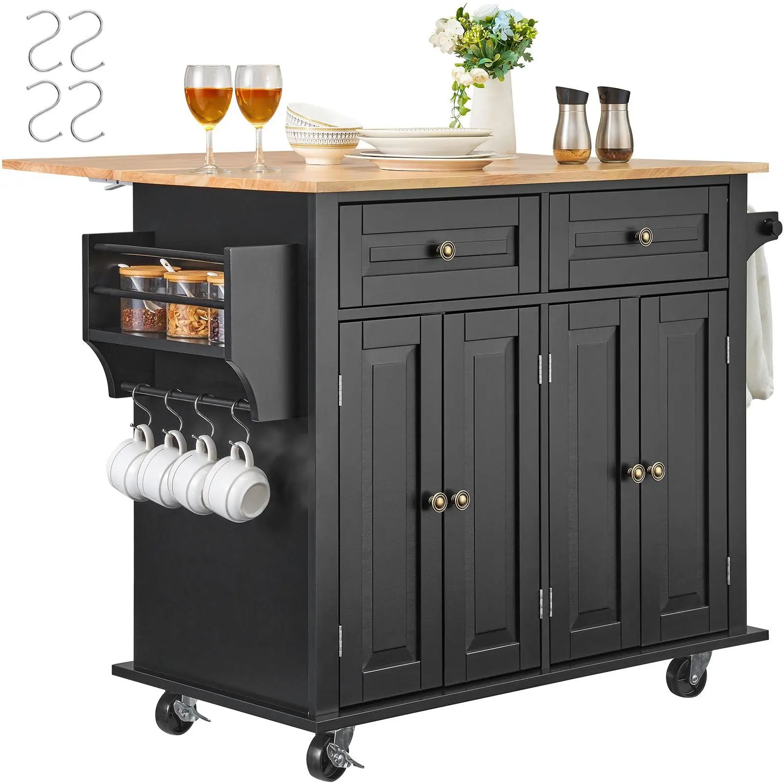 Kitchen Island Cart, 43" Wood Top Mobile Carts with Storage Cabinet, Rolling Table with Drop Leaf, Spice Rack, Towel Bar, Adjustable Shelf, Black