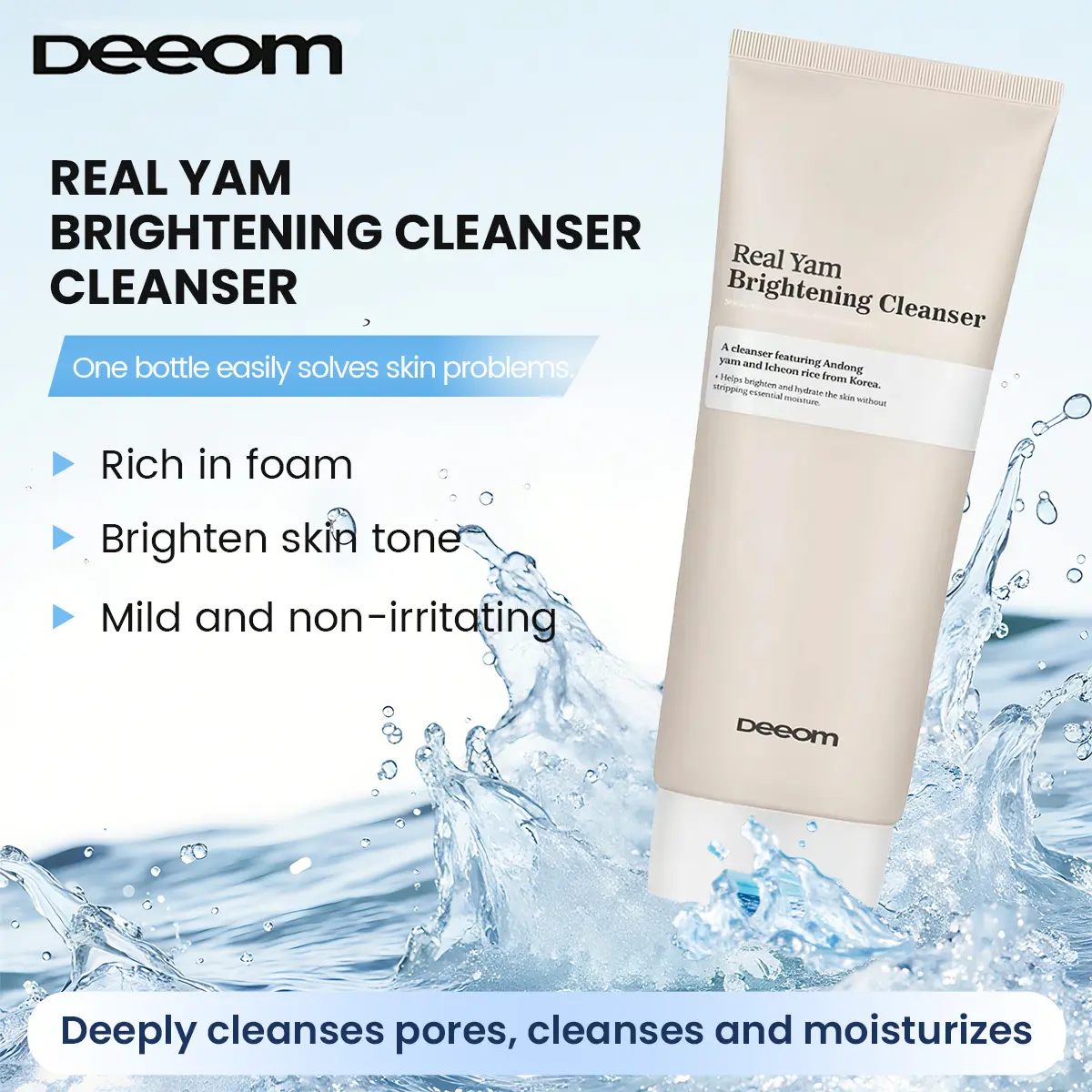 Deeom Real Yam Brightening Cleanser, Silkening Creamy Facial Cleanser with Andong Yam & Icheon Rice, Delivers Facial Hydration, Deep Pore Cleansing, Glass-Skin Glow, Removes Light Makeup for All Skin Types, K-Beauty Skincare, Net Wt. 6.76 fl oz (200ml)