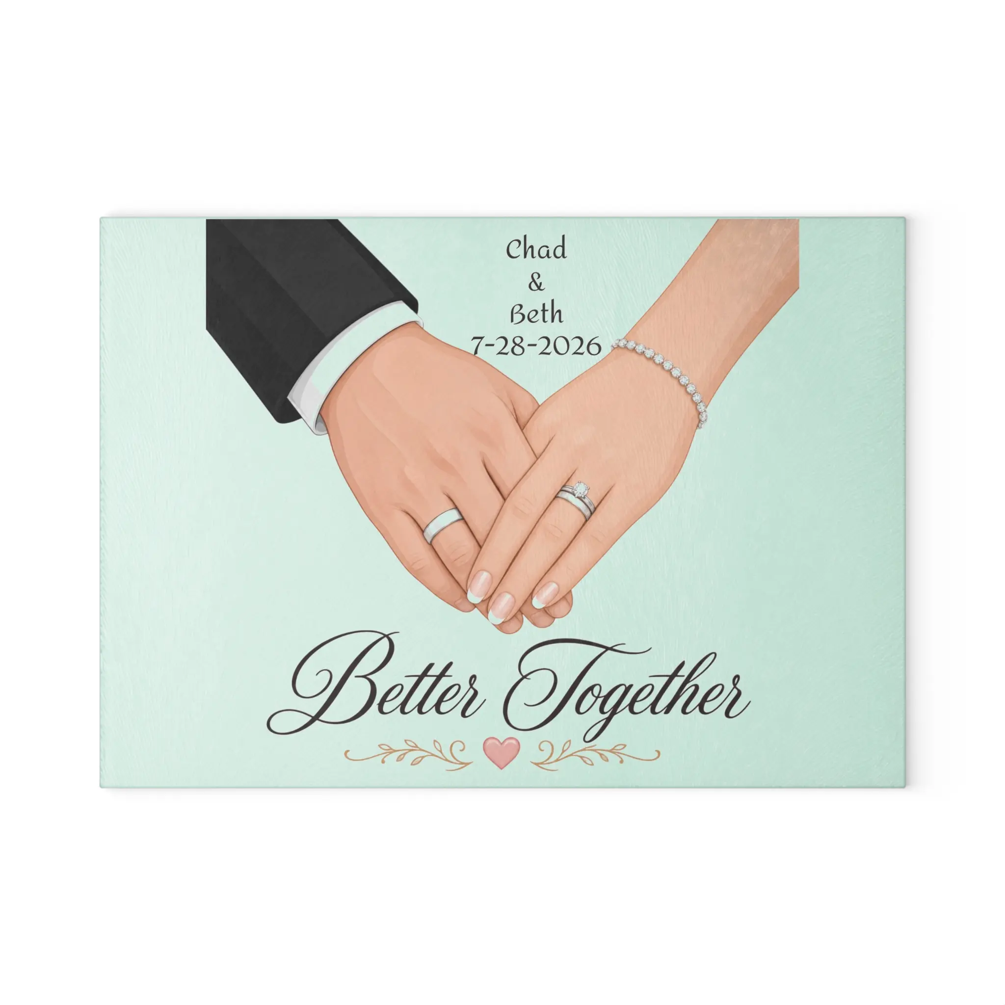 Better Together wedding hands Glass Cutting Board | Personalizable date and names