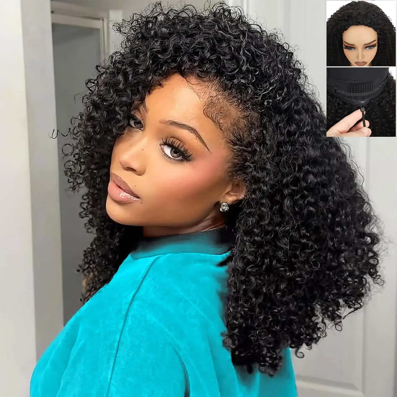 Kinky Curly Half Wig Human Hair 200 Density 3 In 1 Drawstring Seamless Flip Wigs Wear Go Glueless Half Up Half Down Headband Wig Natural Black for Women Beginner Friendly