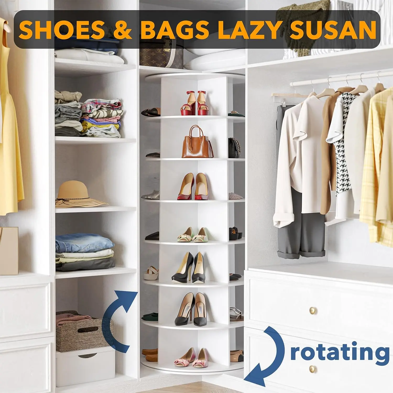 7 Tiers Rotating Shoe Rack Tower, 360° Spinning Shoe Rack, Revolving Storage Round Carousel Display, Freestanding Lazy Susan Organizer Display for Bedroom, Living Room, Entryway, Closet, White