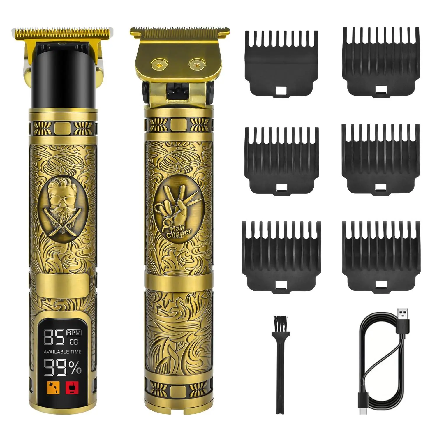 retro carved metal oil head hair clipper set, Cordless Barber Trimmer, 3 speed regulation, rechargeable beard trimmers for men, equipped with 6 limit combs, 1 data cable & 1 small brush, LCD display, beard shaver, mens gifts, USB Rechargeable Clipper