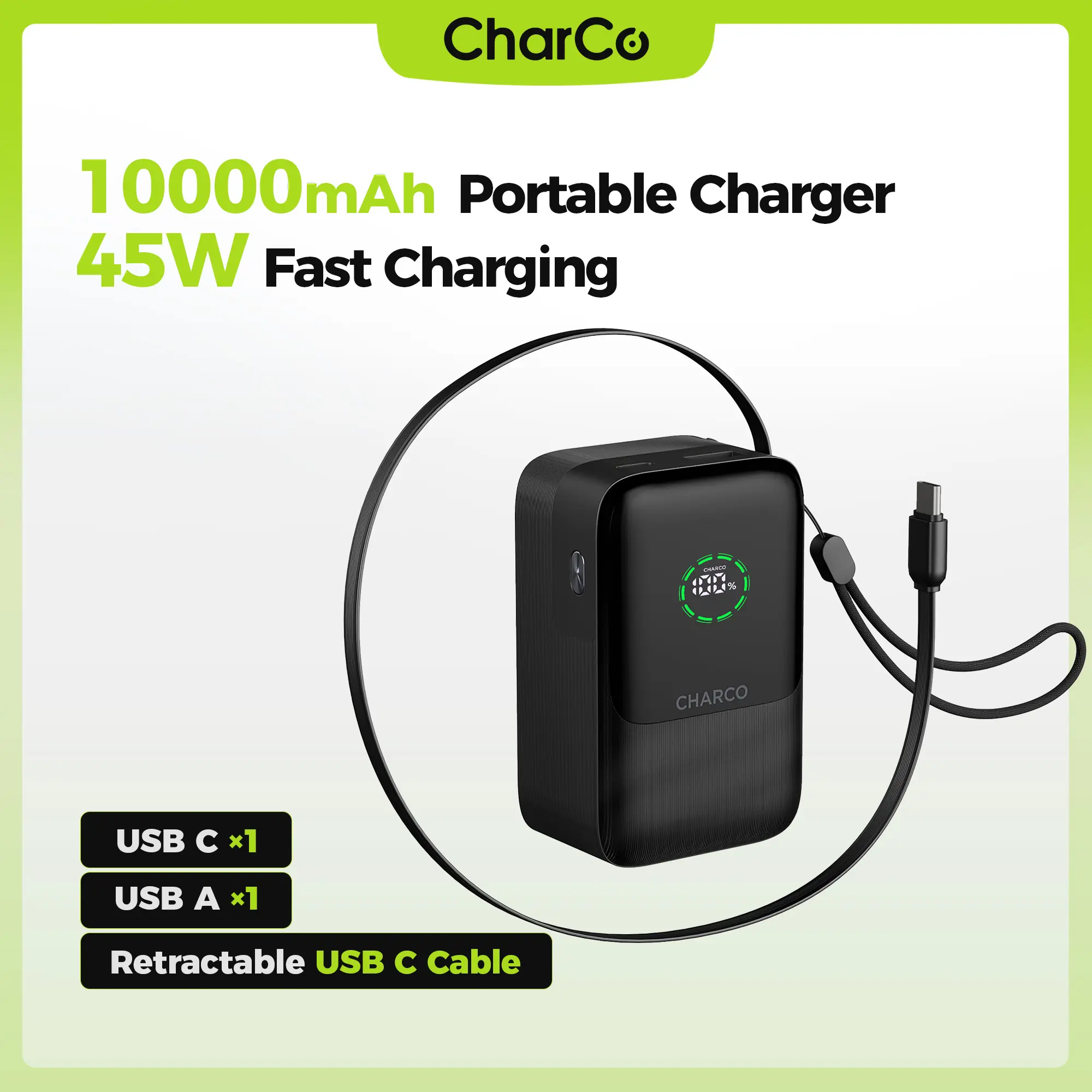 CHARCO 10000mAh Chargeable Portable Power Bank - 45W Fast Charging, Retractable USB-C Cable, EDC Gear Mobile Smartphone Accessories, Travel Essential for iPhone 17/16 Series, Samsung, Portable Charger