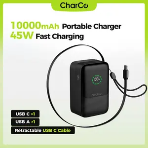 CHARCO Portable Charger Power Bank Fast Charging 45W, 10000mAh Battery Pack Charger Portable with Retractable USB C Cable, Travel Essential Powerbank Compatible with iPhone 17/16 Series, Samsung