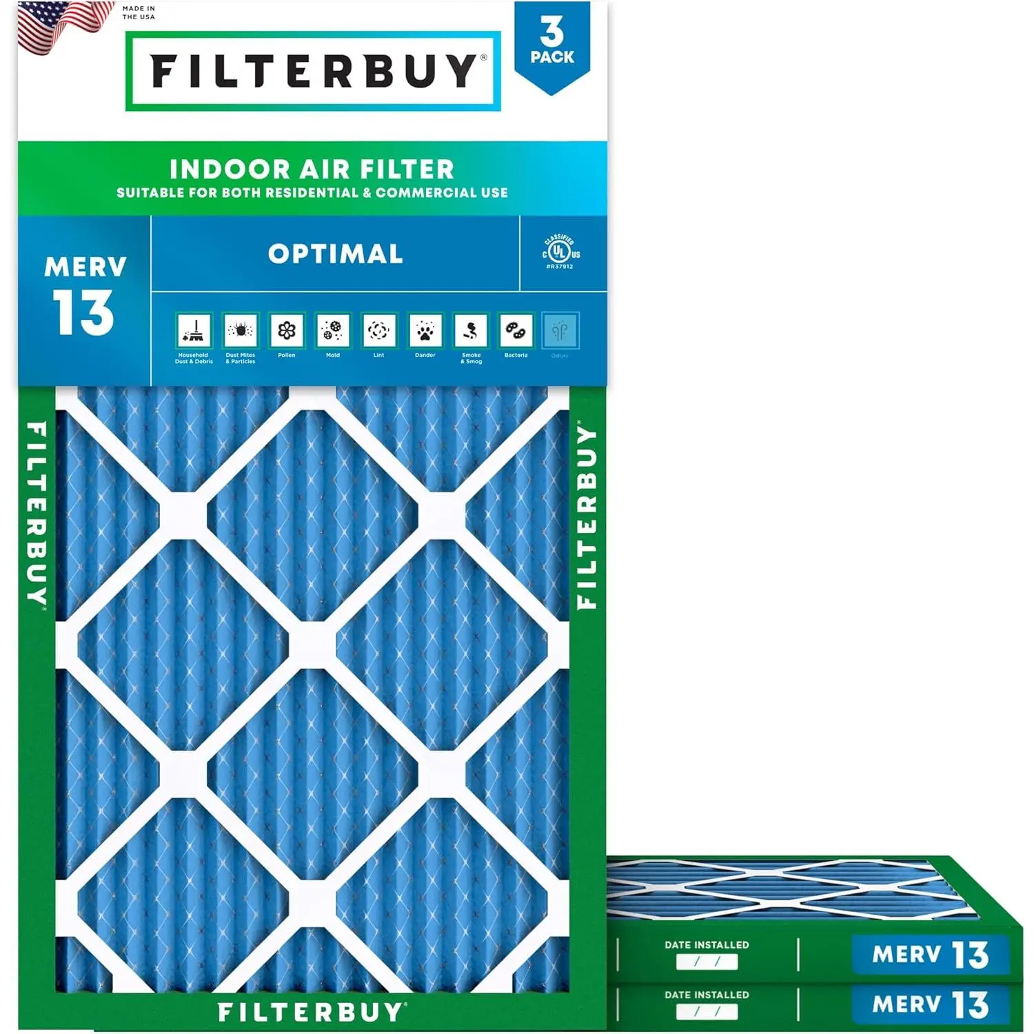 Filterbuy Household 12x20x1 Replacement Air Filter (3-Pack), Pleated MERV 13 Optimal Defense HVAC AC Furnace Filter (Actual Size: 11.50x19.50x0.75 in)