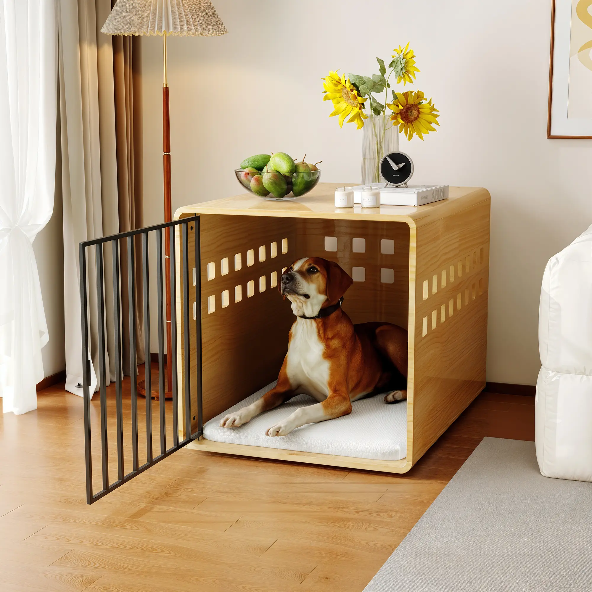 FUFU&GAGA Wooden Furniture Dog Crate for Medium & Small, Solid Wood Puppy Crates for Small Indoor, Decorative Dog Kennel Indoor with Door, Pet House End Table for Bedroom, Living Room