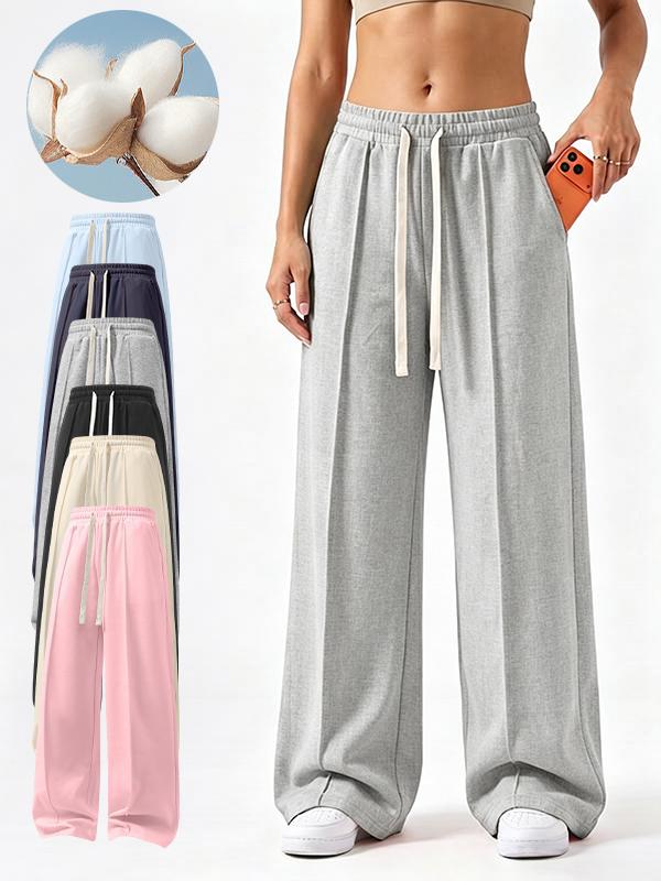 Women's Comfy Knitted Fabric Wide-Leg Pants - Soft, Breathable Cotton-Polyester, Loose Drawstring Fit, Adjustable Elastic Waist, Long Straight Fluid Drape, Pockets, Street Vibe, All-Seasons Casual Athletic Bottoms