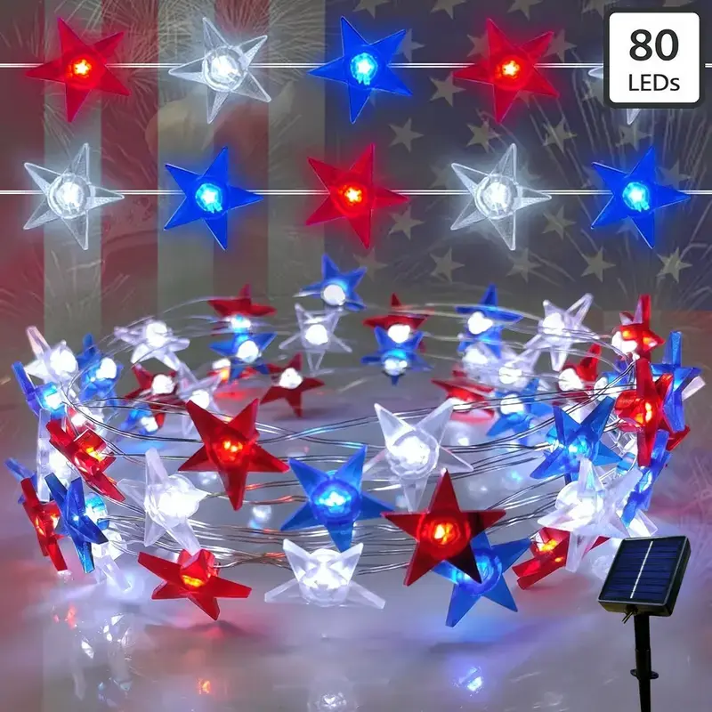 Set of Solar-Powered 80LED Red, Blue, and White Star-Shaped Copper Wire Lights – Independence Day Decorative Lights, Outdoor Waterproof. Perfect for Independence Day decorations, weddings, patios, gardens, camping,Memorial Day String Lights. and party Sum