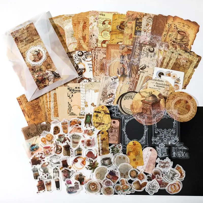 Vintage Scrapbooking Craft Kit - 200Pcs DIY Coffee Journal Supplies with Collage Cards, Stickers & Background Papers for Scrapbooking & Stamping Hobbies