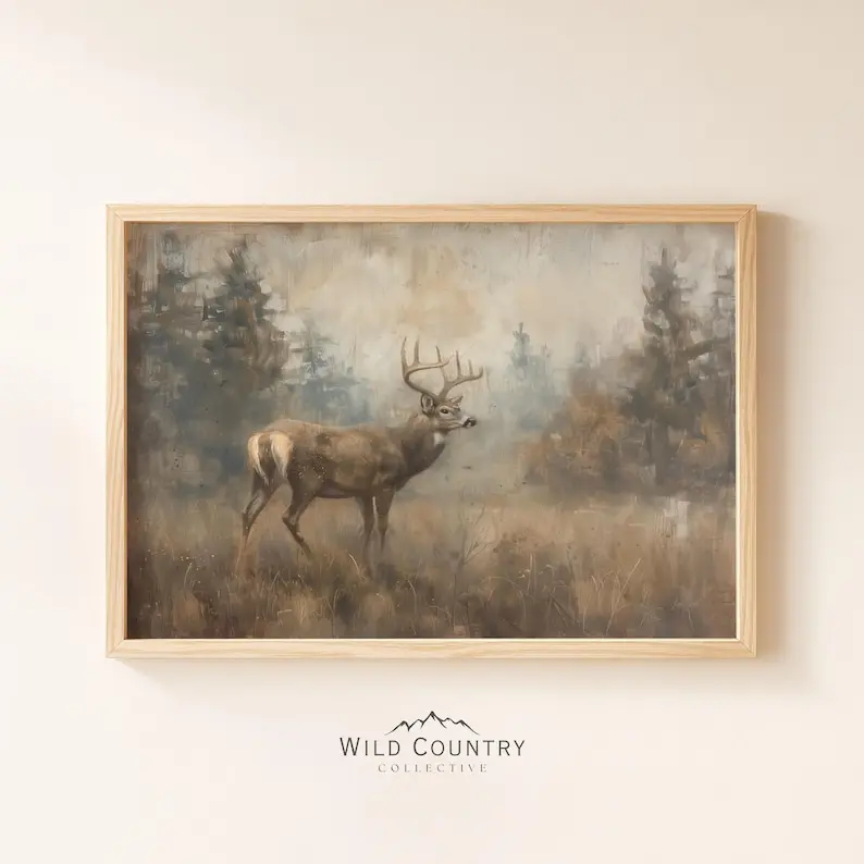 Poster Unframed able Rustic Deer Landscape Painting, Vintage Woodland Room, Man Cave Hunting Decor, Antique Forest Art, Cabin Wall Art, Lone Buck Poster Unframed