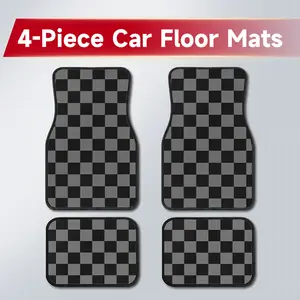4PCS Black Gray Checkered Car Floor Mats, Minimalist Racing Style Wear Resistant Easy Clean Carpet Liners, Ideal Birthday & Holiday Gift for Him, Classic Retro Interior Decor Accessories Fit Sedan SUV Truck Van