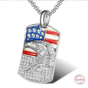 Hip-hop style American flag eagle pendant necklace, made of titanium steel with gold plating and diamond accents. A unique patriotic gift for men, perfect for Valentine's Day.