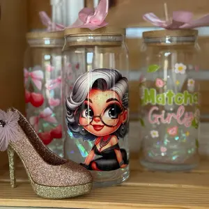 FA Buela 20 oz glass Can Cup with Straw and Lid Pink Bow Design Reusable Ideal for Beverages Drinkware Mug