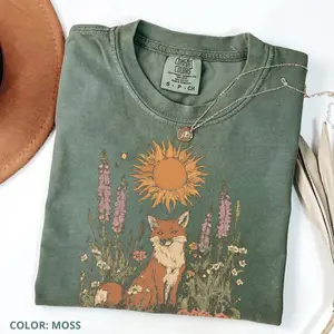 Comfort Colors Vintage Cute Folklore Fox Flower TShirt, Celestial Wildflower Tee, Cottagecore Tee for Nature Lovers, Forestcore Botanical Tshirt, Women's Casual Tops Cotton Fabric
