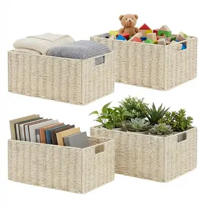 4-Piece Collapsible Storage Basket Set, 12.2×7.09×5.91 Inch Paper Rope & Iron Wire, Woven Organizer Bins with Handles for Multi-Scene Use