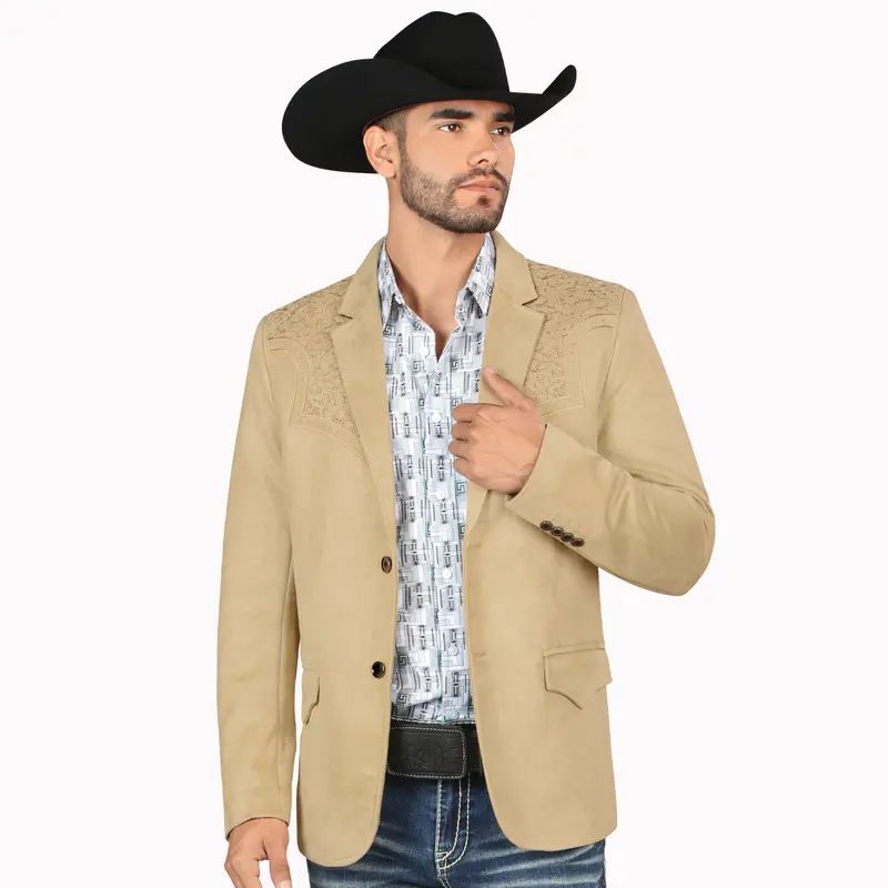 MONTERO MENS Western Embroidery Mt2182 Double Button Blazer MT2182 Faux Suede, Medium Length, Hand Wash Only, All Seasons, Plaid Pattern - Menswear, Coats