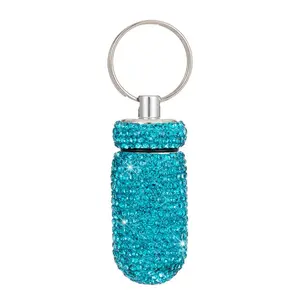 Sparkling Rhinestone Aluminum Pill Box Keychain for Travel and Outdoor Use