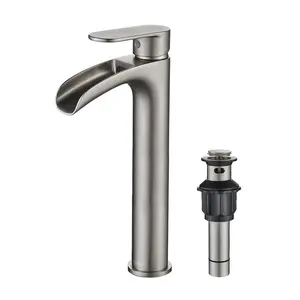 FORIOUS Bathroom Sink Faucet with Pop-up Drain Assembly Single Handle Brass Waterfall Bathroom Toilet Sink Basin Faucet Water Tap with Supply Pipes