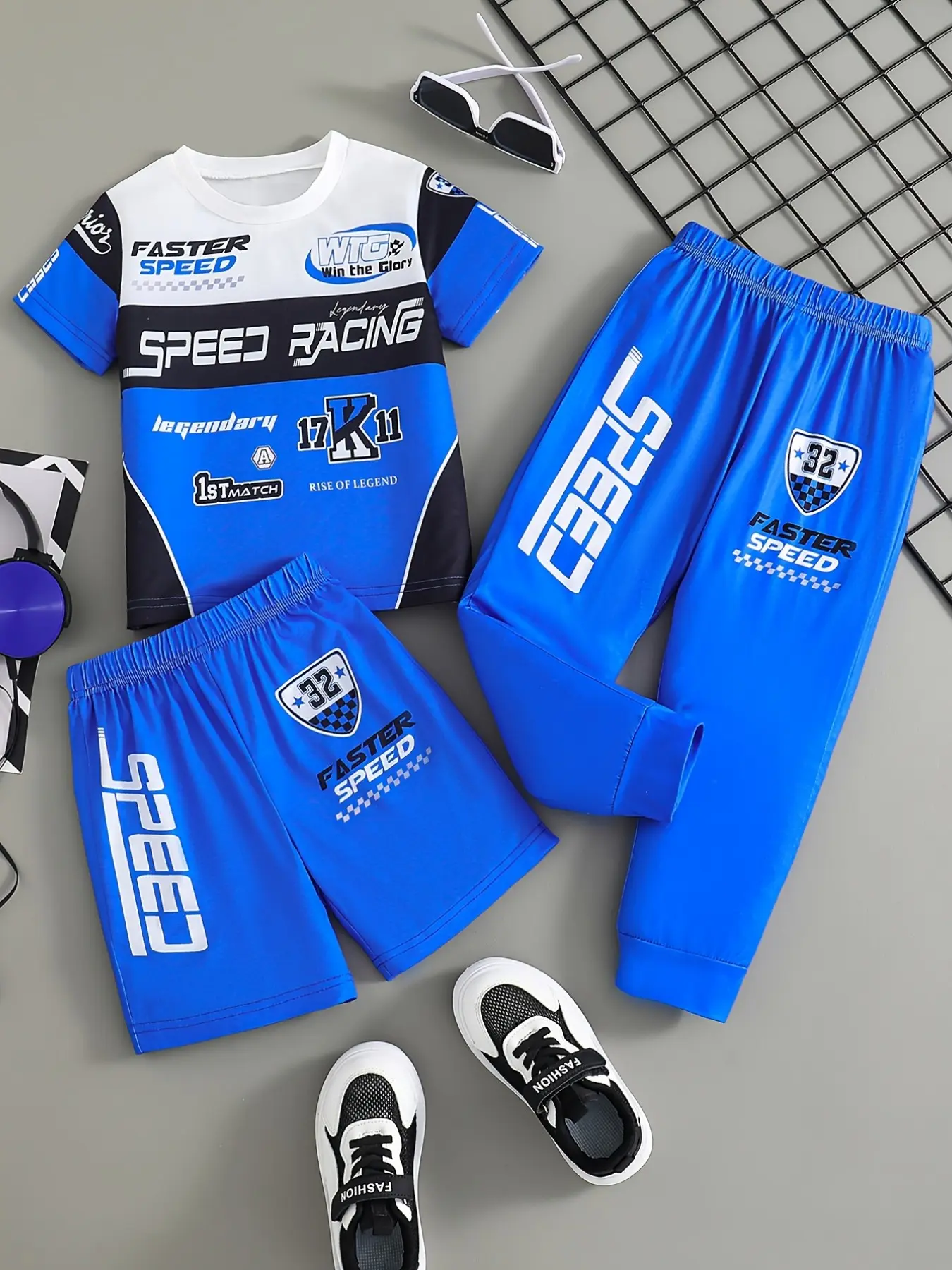 3-Piece Boys' Motorcycle Style Racing Blue Kids Clothing Sets, Kid Clothes, Letter Print Short Sleeve + Casual Shorts + Fashion Pants, Spring Summer Outdoor Sports Gift