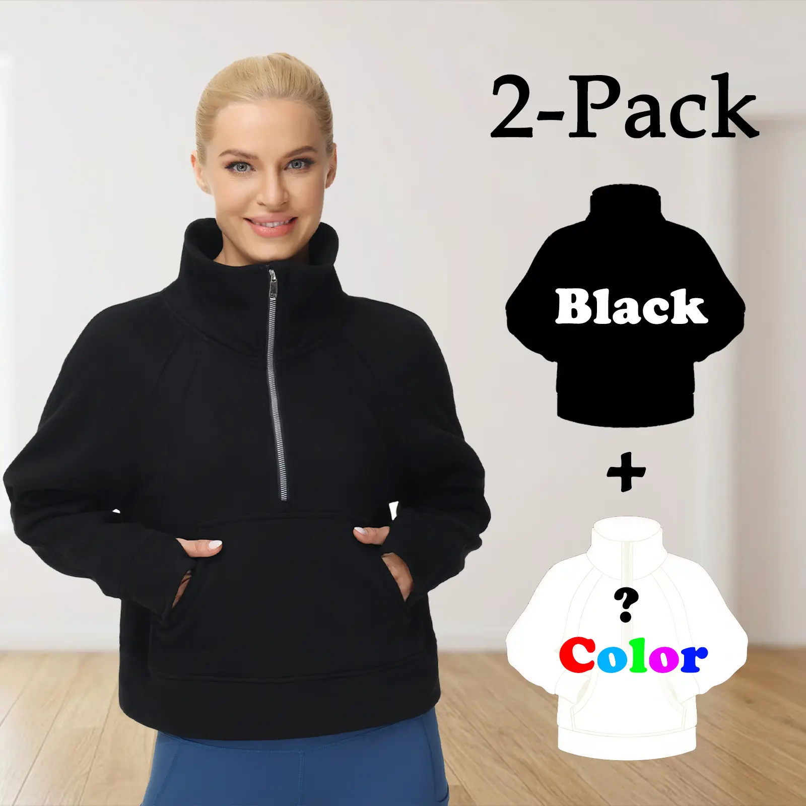 THE GYM PEOPLE Women's 2-Pack Cloud Fleece Crop Hoodies - 1/4 Zip Pullover Long Sleeve Tops with Pockets, Thumb Holes (1 Black + 1 Random Color), Casual Athleisure Sporty Chic Clothes for Layering Outfits, Standard Sizes