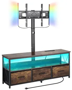 VEVOR 52" TV Stand with Mount for up to 75 in TVs, Entertainment Center with Power Outlet & LED Lights, Height Adjustable TV Console with Mount with 3 Drawers for Bedroom, Living Room, Brown, Tv Shelf, Rotating Tv Stand