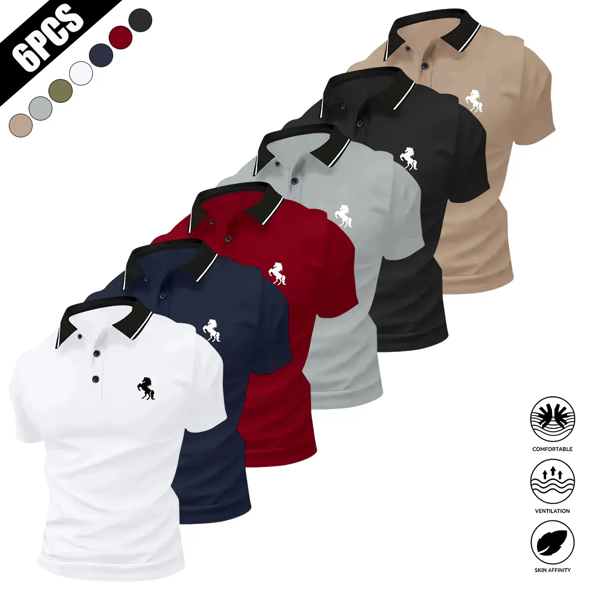 Solid-color polo shirt set of 6 with turn-down collar; breathable, quick-drying golf casual shirts made from lightweight stretch polyester with button design; suitable for summer office wear, boat outings, and everyday outfits; horse print; comfortable sh