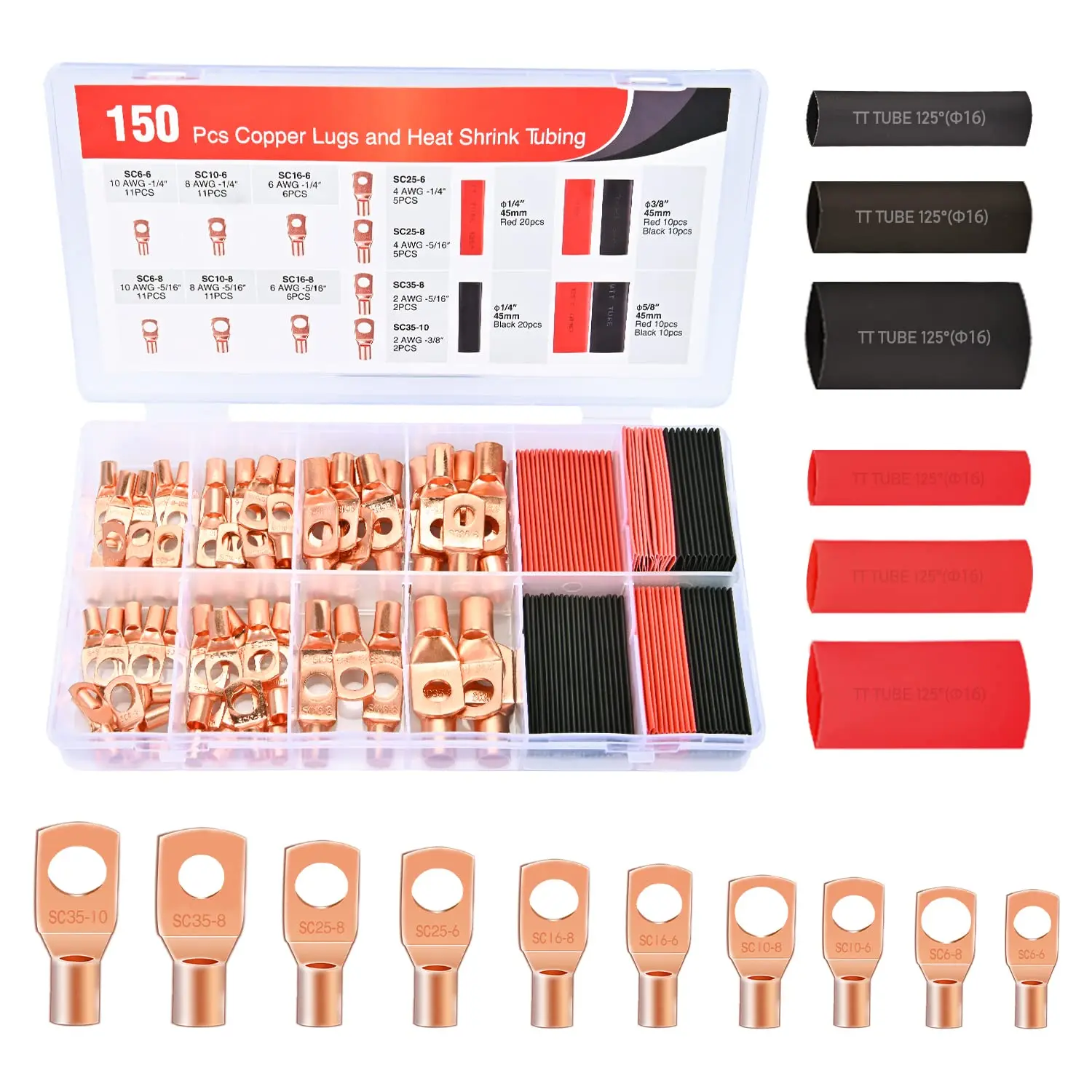 Nilight 150-Pcs Multi-Size Pure Copper Wire Lugs & 3:1 Heat Shrink Tubing Assortment Kit - 2,4,6,8,10 AWG Heavy Duty Battery Terminal Crimp Connectors, 80-Pcs Tubing, 10 Stud Sizes, Inspection Window for Golf Carts, Car Wiring Projects