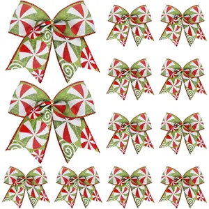 12 Pcs Red Green Christmas Bows 6 Inch Christmas Candy Wreaths Bows Xmas Tree Bows Peppermint Grland Ribbon Ornaments for Christmas Tree Home Wedding Indoor Outdoor Party Decor (Elegant)
