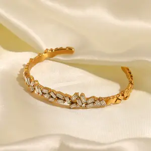 Emma's Heart | Irregular Zirconia Open Bangle - 18K Gold Plated Stainless Steel, Modern Artistic Jewelry