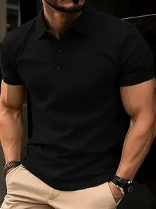 Pure Color Polo Shirt for Muscular Men, Fitted Elastic Short Sleeve Collared Workwear T-Shirt, Tight Sleeves, Sporty Style