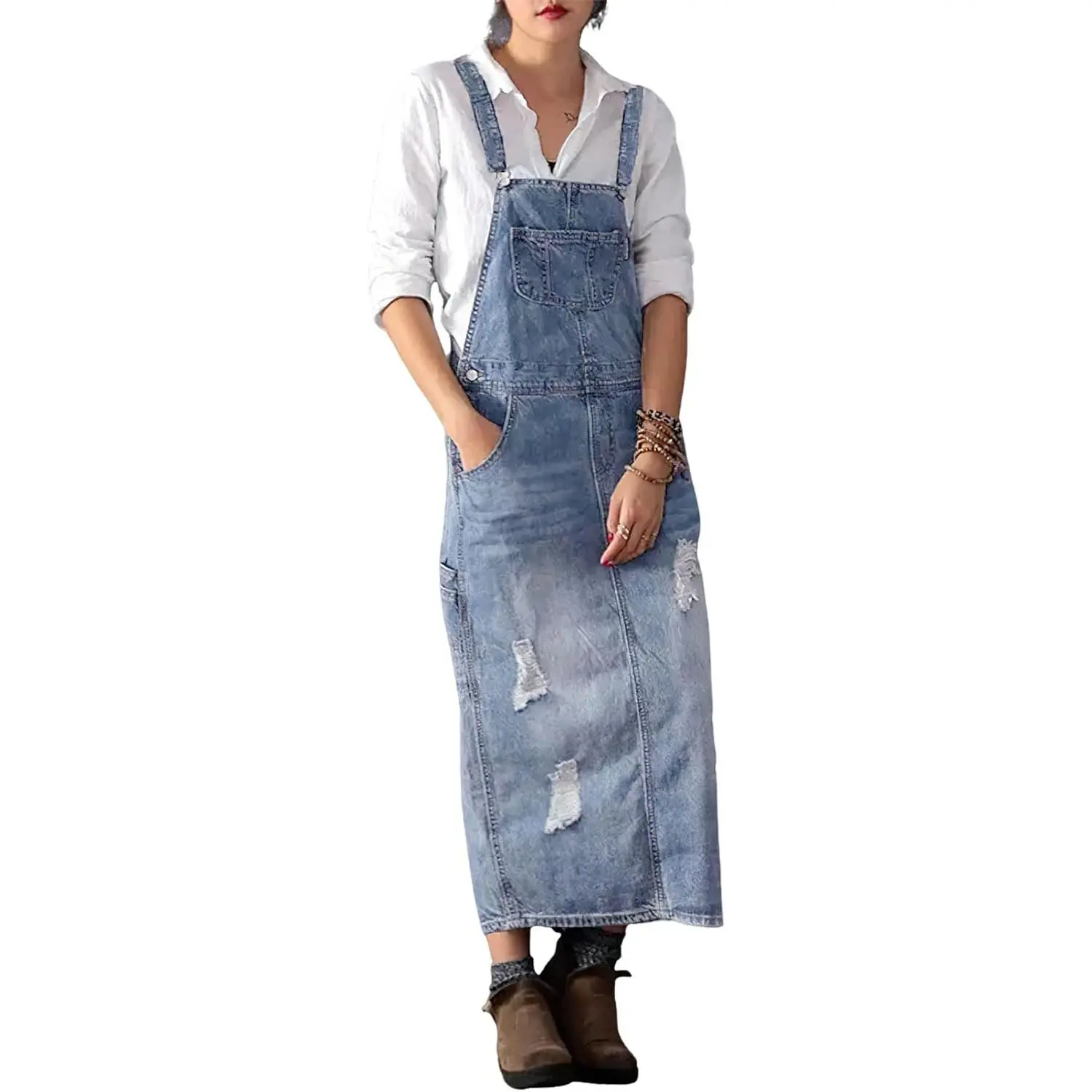 Loveimgs Women's Vintage Distressed Denim Jumper Dress — Longline Suspender Silhouette with Ripped Patchwork Design