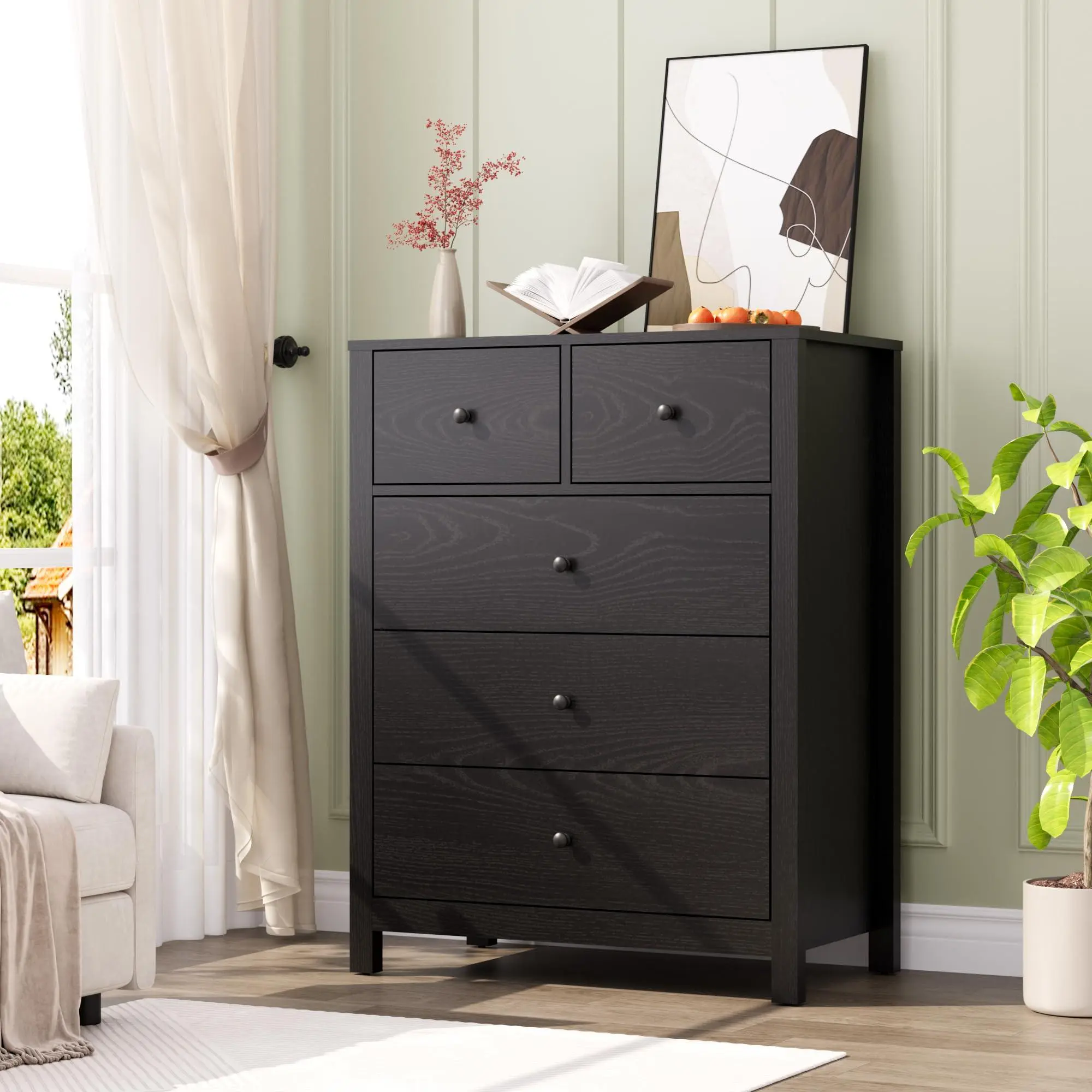 Garvee Black 5-Drawer Dresser - Modern Tall Bedroom Dresser with Sturdy Legs, Large Drawers & Wide Top for Closet, Hallway