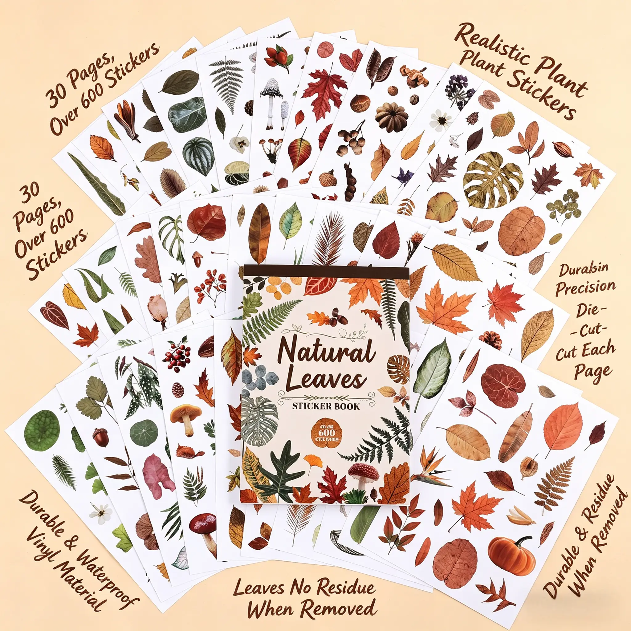 600+ Waterproof Vinyl Leaf Stickers, 30 Sheets Realistic Botanical Foliage Plant Stickers Book for Journaling Scrapbooking Water Bottle Laptop Planner Decoration, Nature-Themed DIY Supplies for Women Vintage Rococo Sticker Book