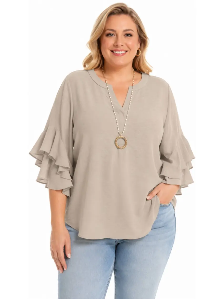 JointlyCreating Women's Plus-Size Ruffle Sleeve V-Neck Floral Print Blouse, Elegant Comfortable Top, Ideal for Casual Occasions, Womenswear