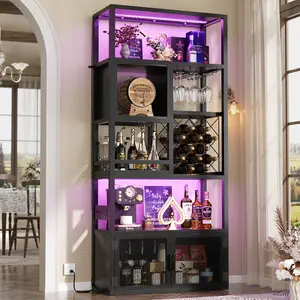 82.6" Tall Bar Cabinet with Power Outlets, 6-Tiers Reversible Wine Cabinet with LED Lights, Glass Holder & Wine Rack, Liquor Storage Cabinet Coffee Bar Station for Dining Living Room