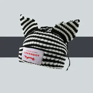 Cute Striped Cat Ears Knitted Beanie Hat, LOVERBOY Casual Y2K Soft Comfortable Funny Hats,Skullies Warm and Stylish Beanies for Women & Men Spring Fall 2026 Knitwear Cozy slouchy beanie hat 2000s
