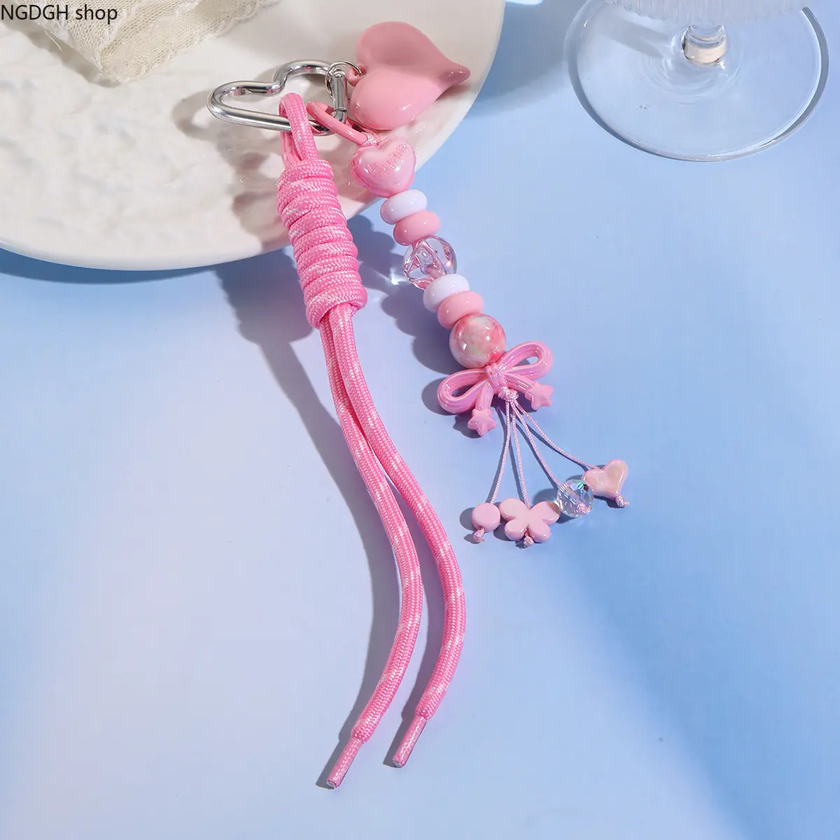 Aesthetic Keychain for Teen-Girl Gift - Cute Floral Hearts Design, Kawaii Pink Braided Cord, Iris Pearl Beads, Lobster Clasp, Lightweight Durable Adjustable Sports & Outdoor Accessory with Lanyard for Car Keys, Camping Hammock