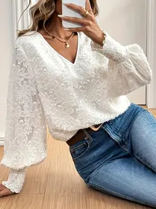 A three-dimensional flocked lace pattern women's V-neck lantern sleeve embroidered casual white hidden meat thin Fitted women's shirt Blouse Woven Spring