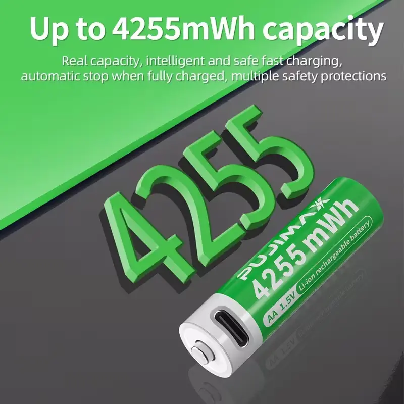 4255mWh USB-C Rechargeable AA Batteries, 1.5V Constant Output Lithium Battery with Built-in Type-C Port, 1200+ Cycles Pre-Charged for Xbox Controllers, Cameras, Toys Cable