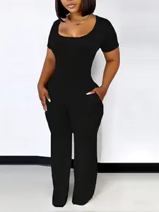Women's Short Sleeve Long Pants Jumpsuit, Plain Color Elastic Pocket Design, High Waist Casual Fitted One-Piece