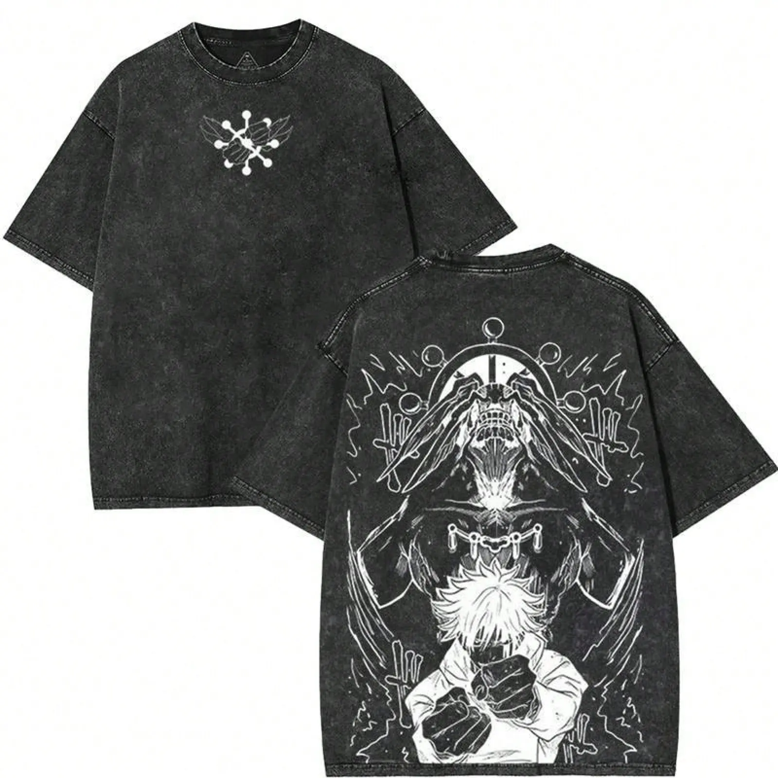 Men's Oversized Round Neck Rib Short-Sleeve Soft Cotton Seamless 2-Sided Washed JJK Anime Megumi Fushiguro Shinigami Graphic Tshirt - Distressed Streetwear Apparel with 7-Day Return/Exchange Policy & Free Expedited Shipping, Graphic Print