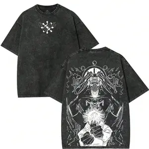 Men's Oversized Round Neck Short-Sleeve Soft Cotton Seamless 2-Sided Washed JJK Anime Megumi Fushiguro Shinigami Graphic Menswear Apparel, Distressed Streetwear T-Shirt